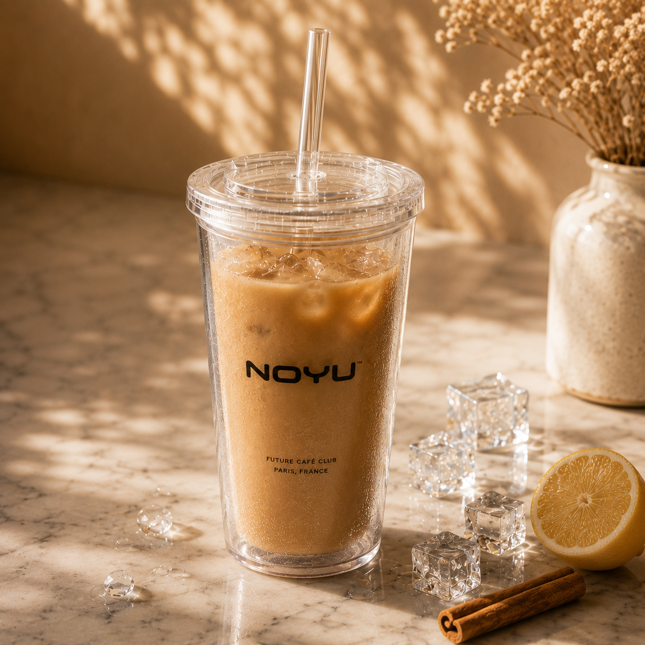 Gobelet Iced 16oz NOYU lifestyle terrasse Paris — aesthetic iced coffee cup été
