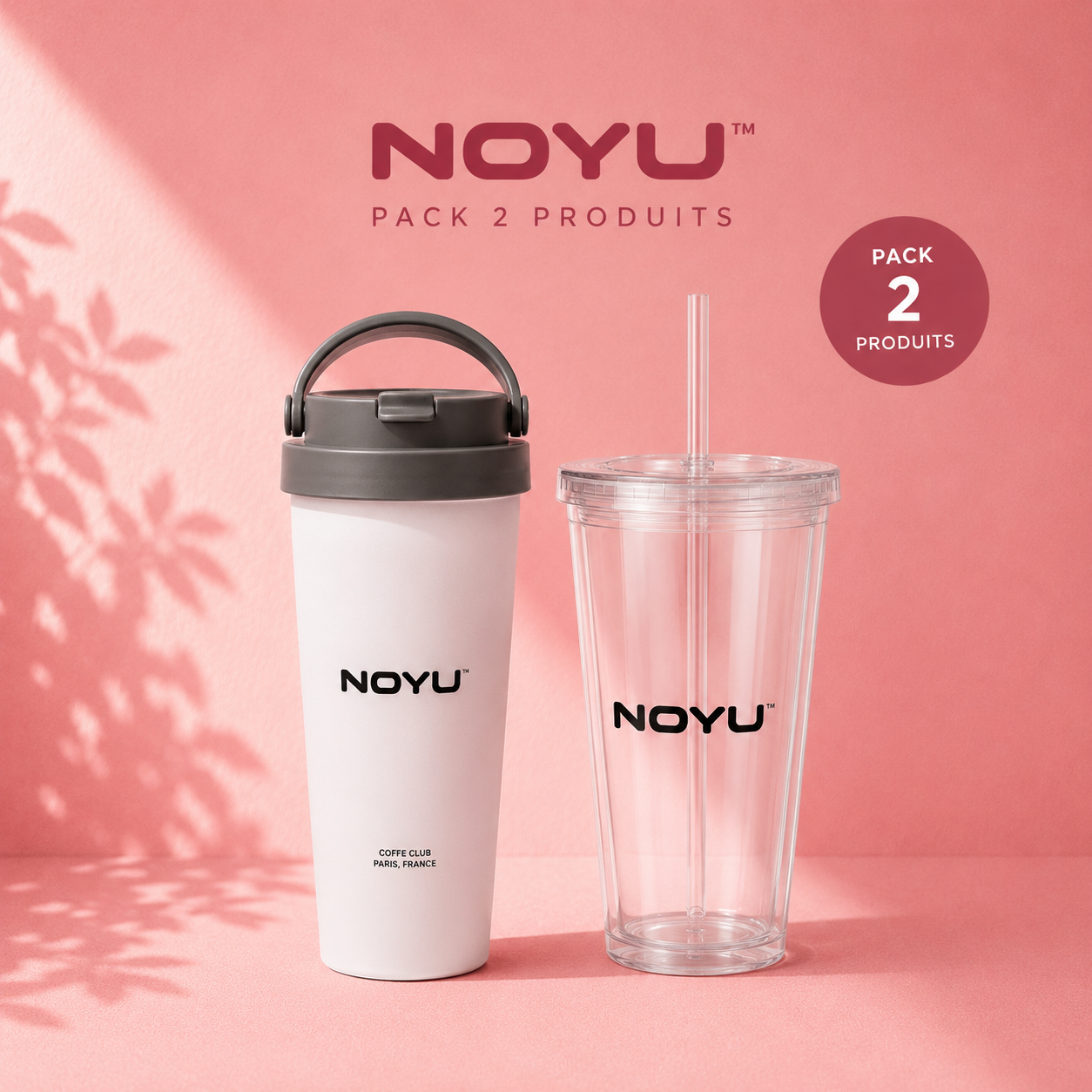 Pack duo NOYU Travel mug 15oz + Iced gobelet 16oz lifestyle — aesthetic duo café chaud glacé
